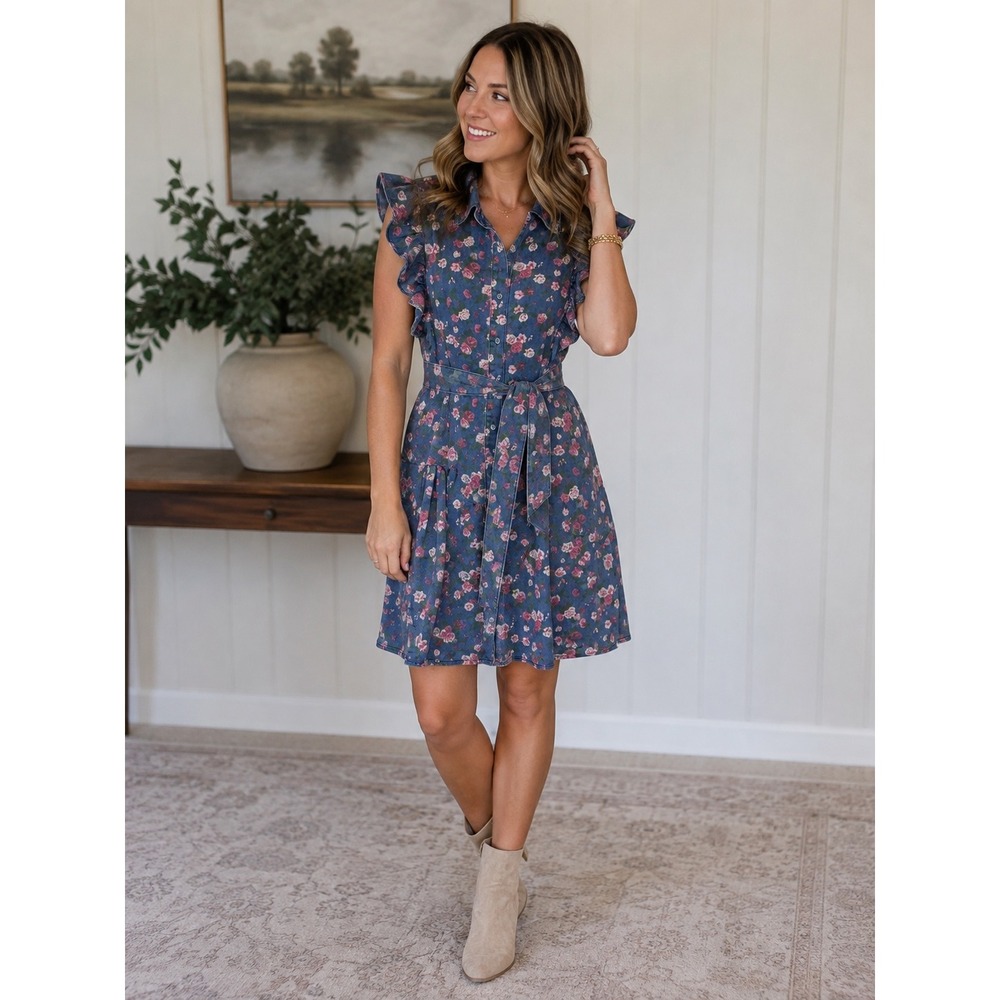 GeeGee Women's Floral Denim Look Belted Ruffle Sleeve Button Front Dress NWT